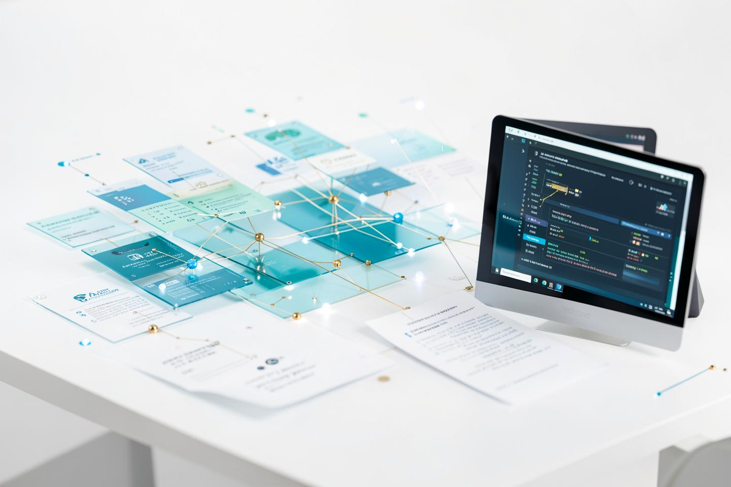 A visual representation of connected AI workflow steps and digital outputs