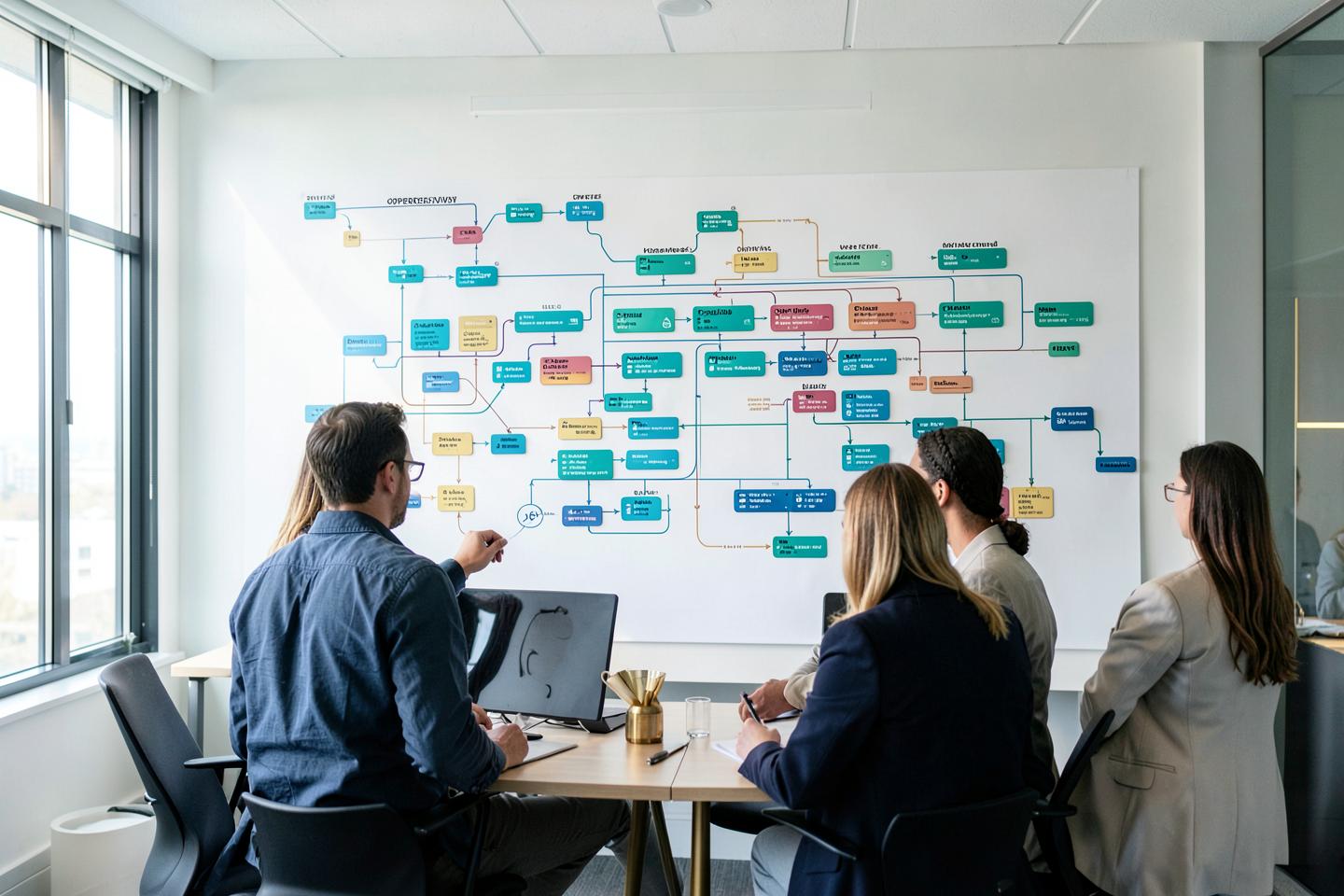 Leadership team reviewing a detailed operating workflow
